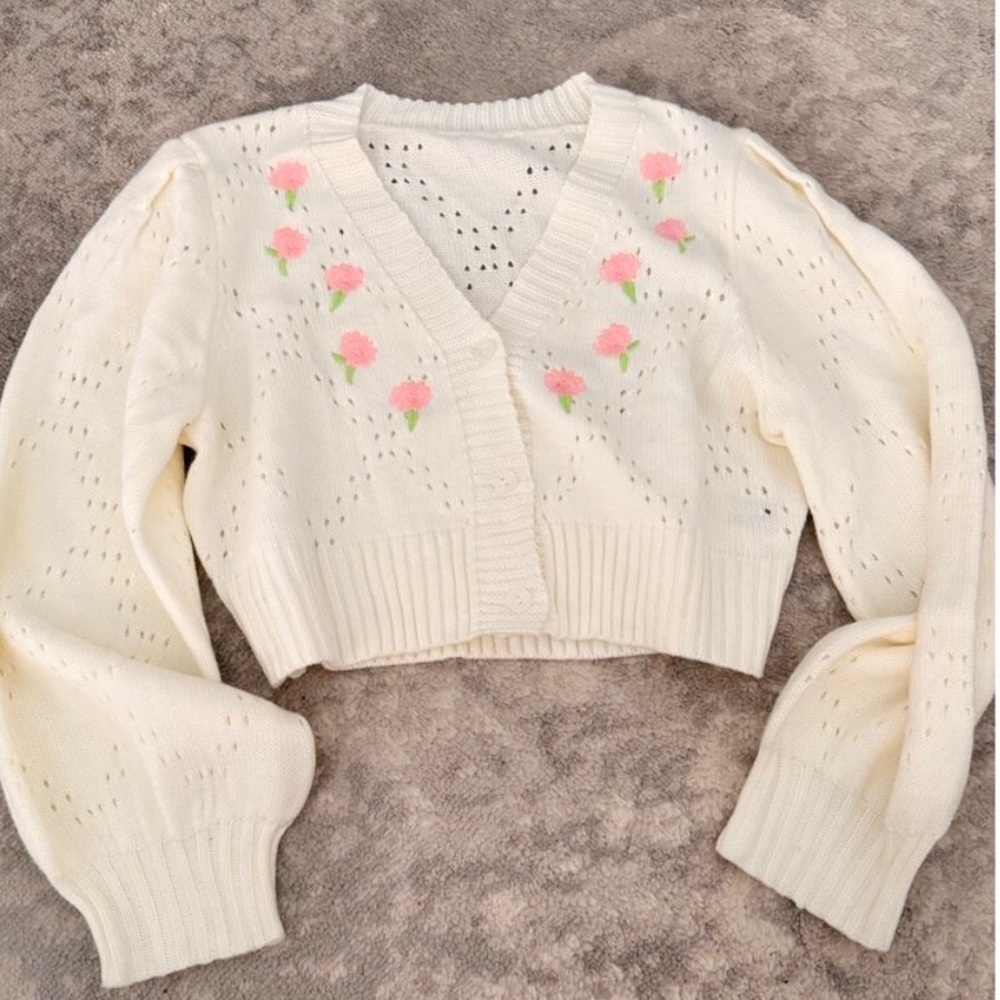 Coquette Pointelle Knit Cropped Cardigan Floral Boho Embroidered Large